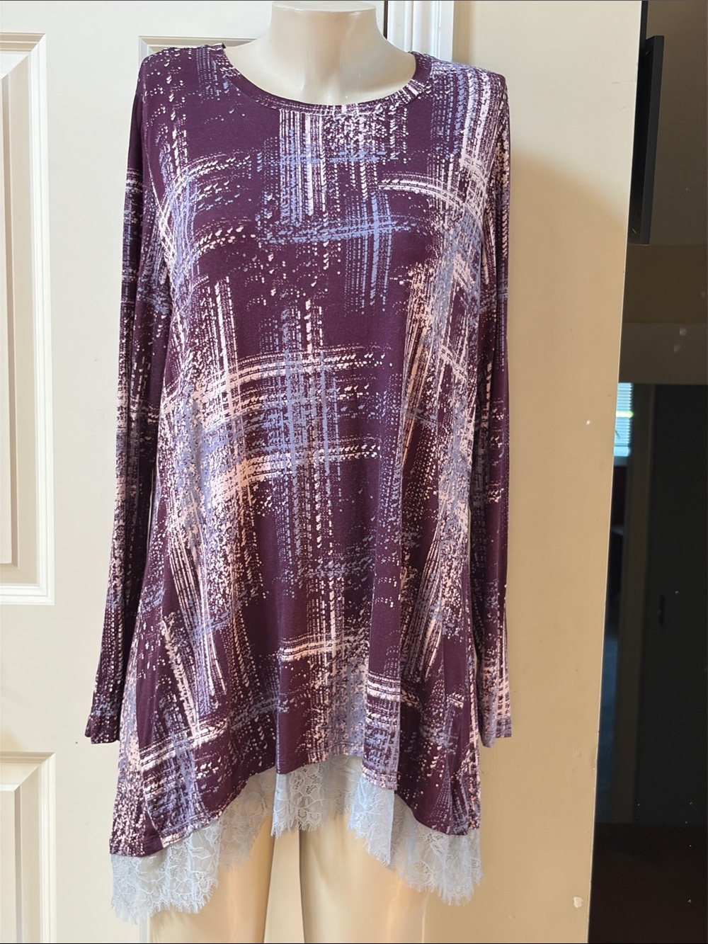 LOGO by Lori Goldstein Purple Printed Long-Sleeve Tunic with Lace Trim